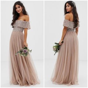 ASOS Maya Deluxe Bardot Maxi Tulle Sequin Dress in Taupe Blush